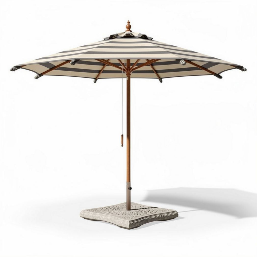 Stripped outdoor patio umbrella with wooden frame and 240 x 240 x 250cm base