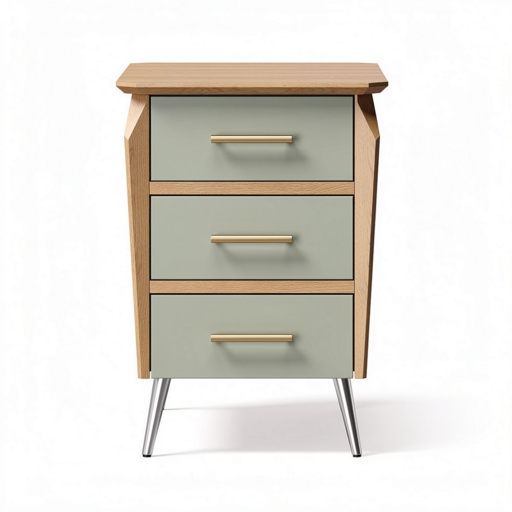Wooden nightstand with three drawers in green and oak finish 40 x 30 x 60cm