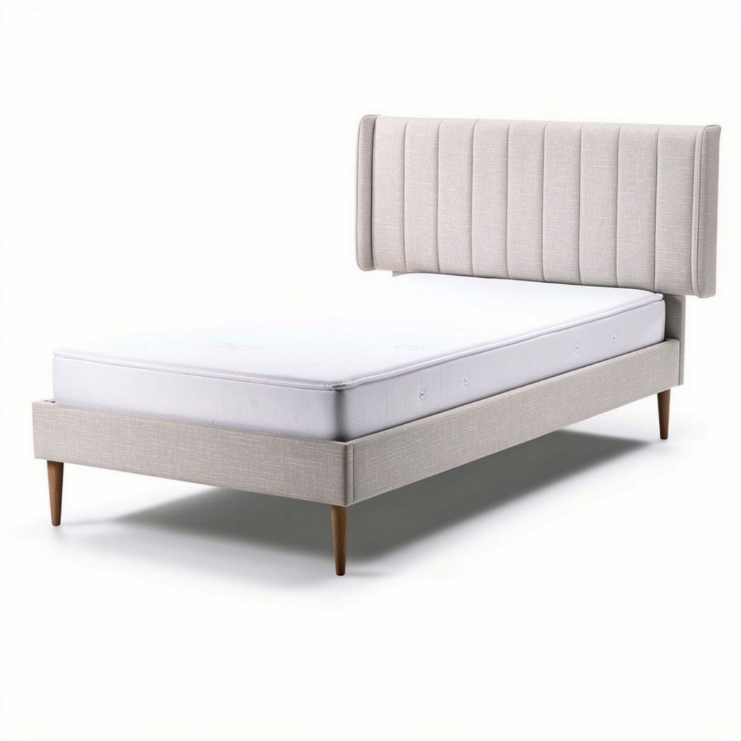 Modern upholstered twin bed frame with headboard and wood legs 200 x 90 x 100cm