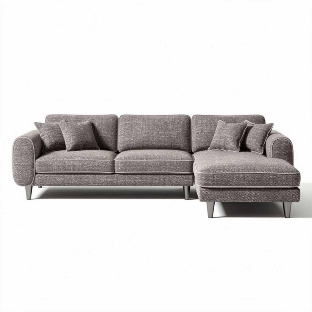 Modern gray fabric sectional sofa with chaise lounge and five accent pillows