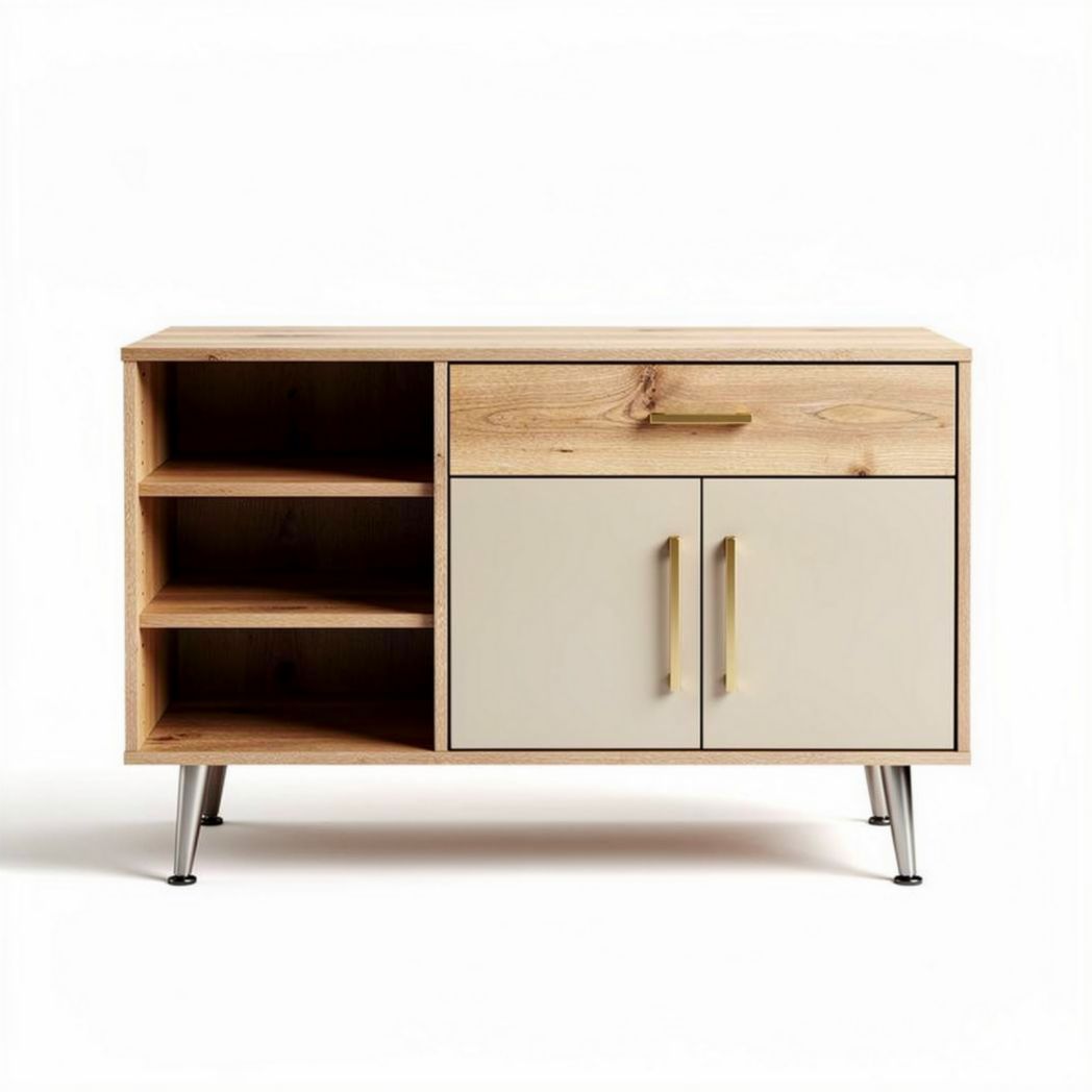 Wooden storage cabinet with beige doors and metal legs 80 x 40 x 70cm