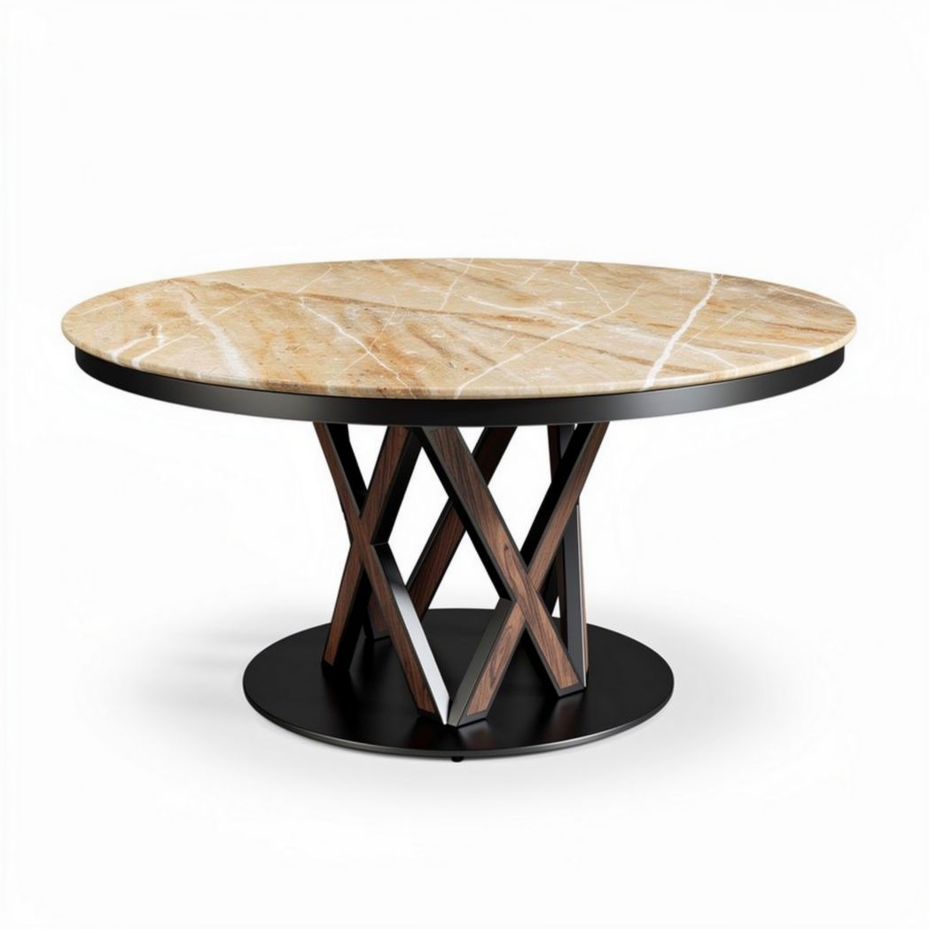 Round dining table in marble and wood with metal base 100 x 100 x 75cm