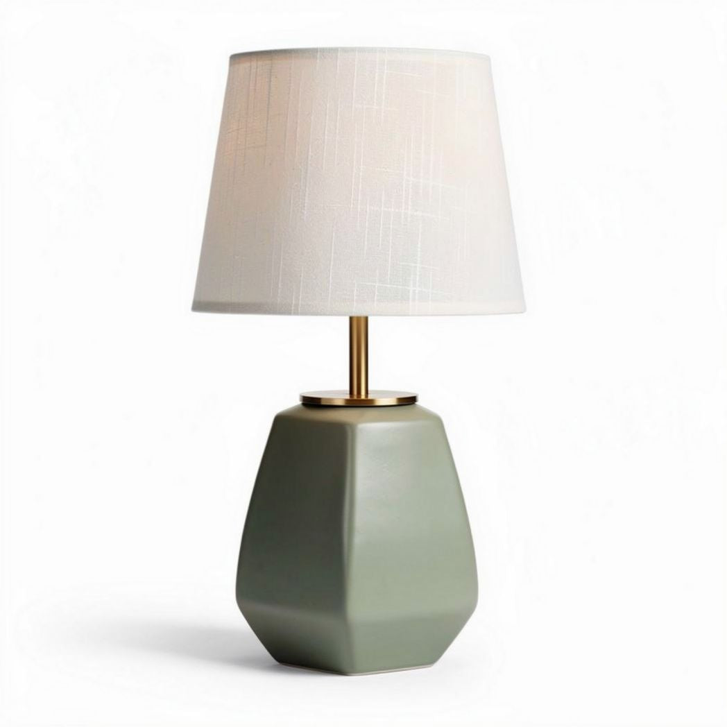 Ceramic table lamp with fabric shade in green and gold 15 x 15 x 35cm