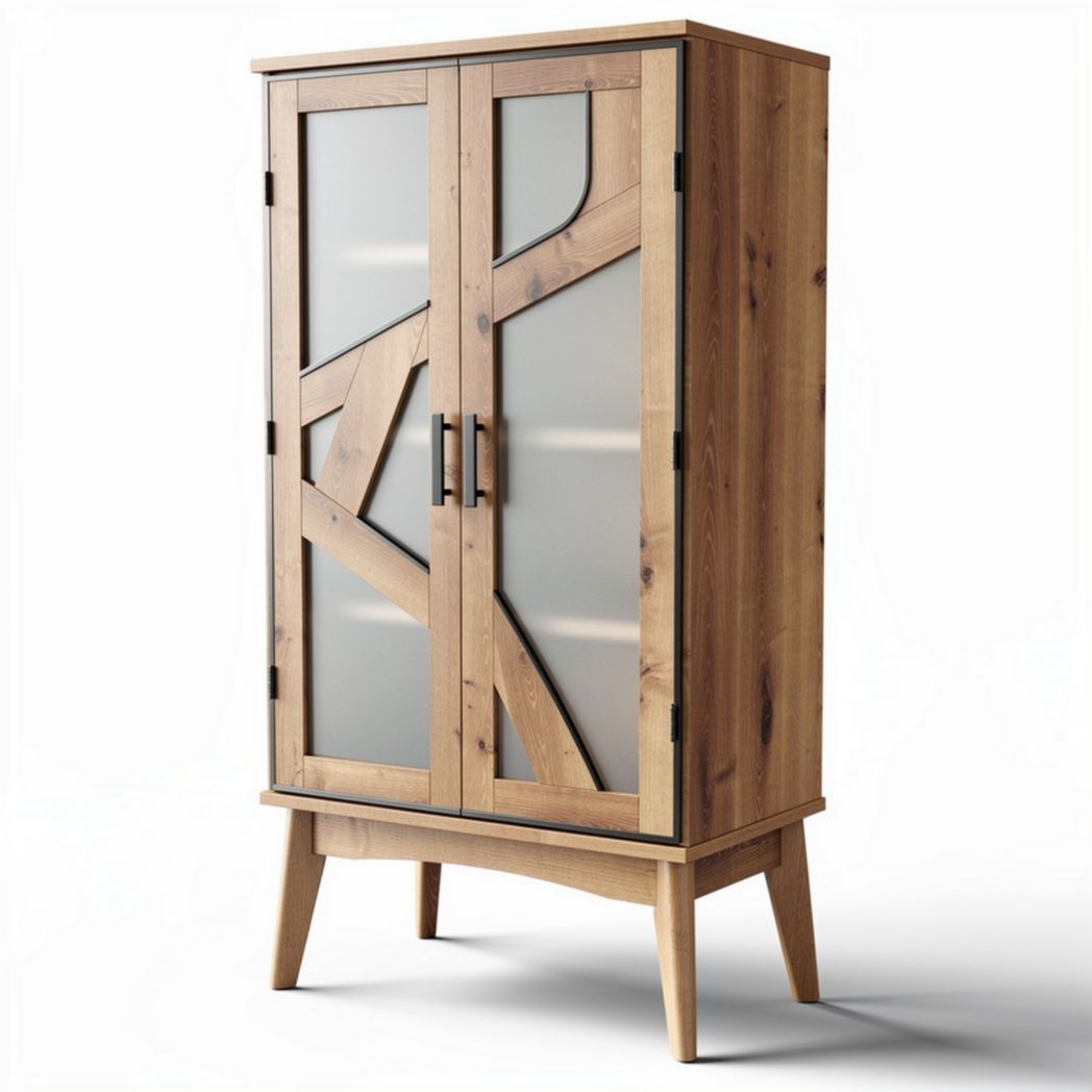 Wooden cabinet with glass doors and geometric design 80 x 40 x 120cm