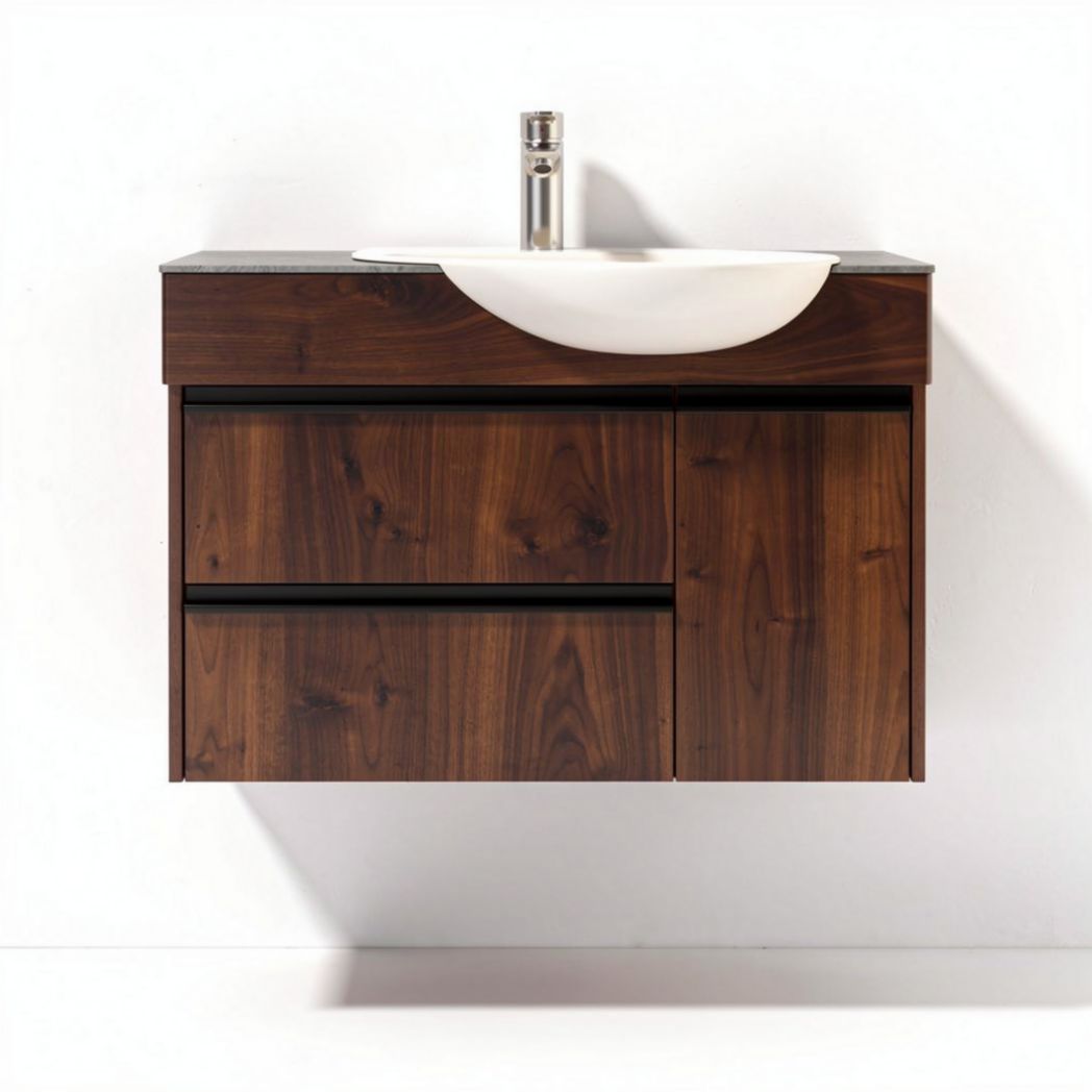 Wall-mounted bathroom vanity with sink featuring walnut finish 60 x 45 x 25cm