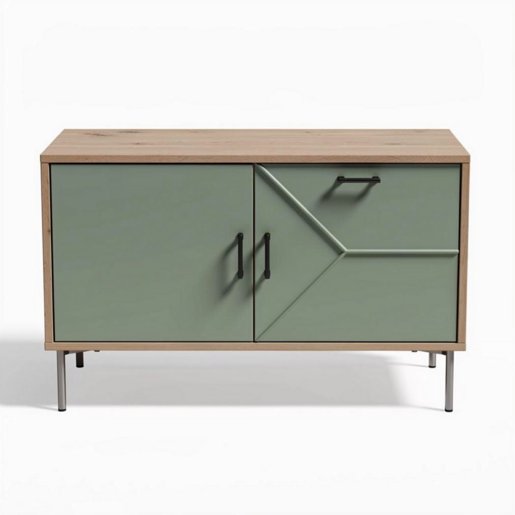 Wood and green cabinet with geometric design and metal legs 80 x 40 x 70cm