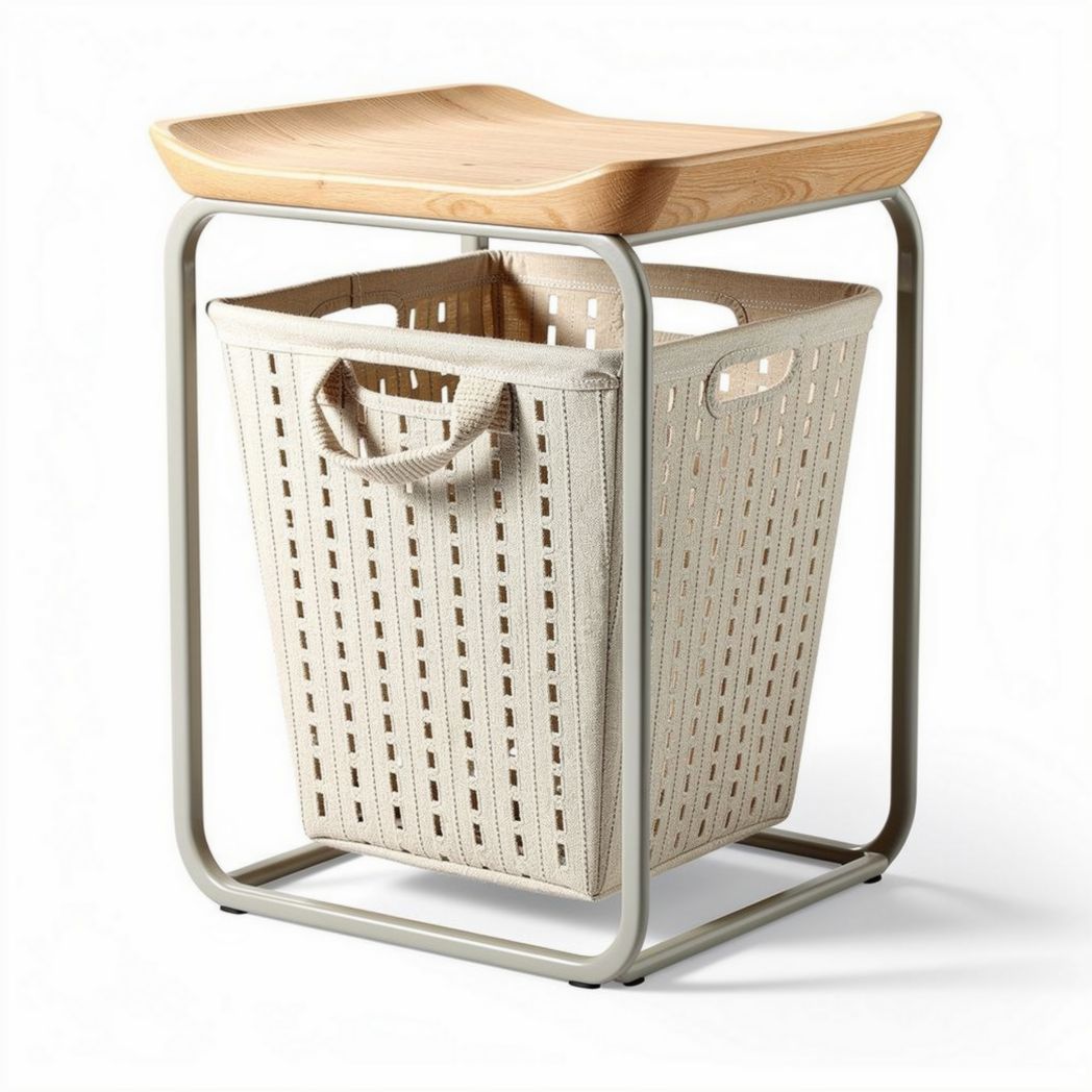 Wooden top storage basket with metal frame and woven fabric liner 40 x 40 x 50cm