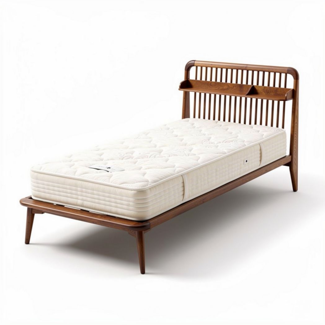 Wooden bed frame with integrated shelf and twin mattress 200 x 100 x 30cm