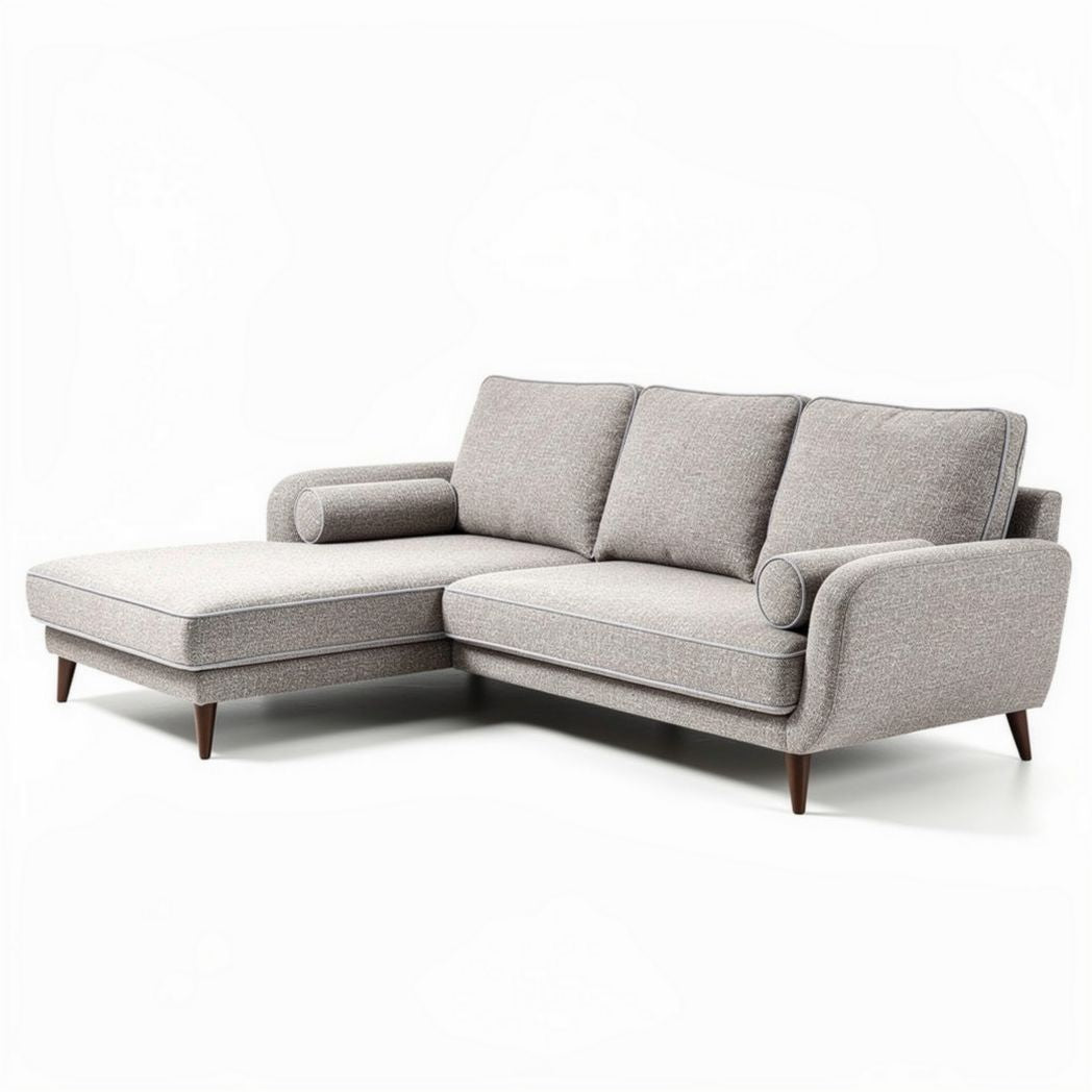 L-shaped sectional sofa in light gray fabric with wooden legs 200 x 150 x 85cm