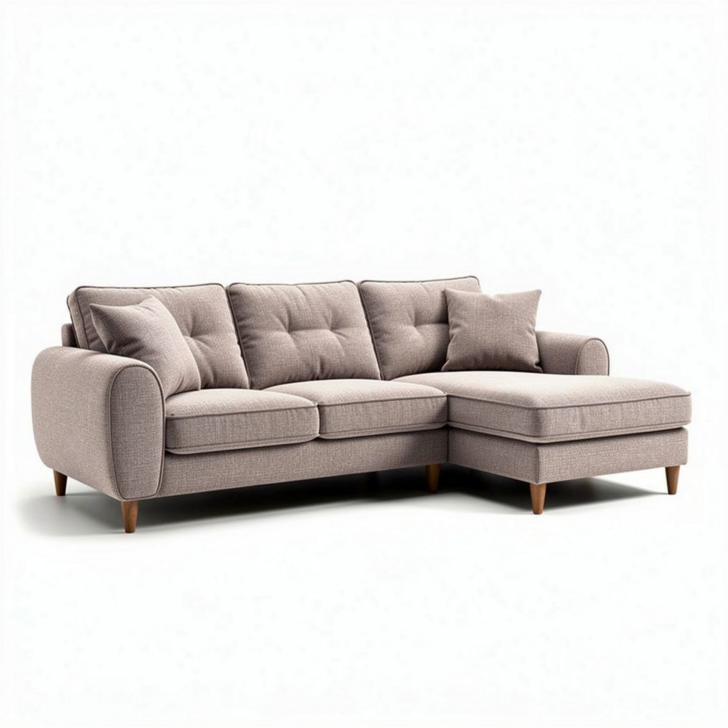 Fabric sectional sofa in light beige with wooden legs 230 x 90 x 85cm