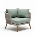 Outdoor lounge chair with woven base and mint green cushion 80 x 80 x 70cm